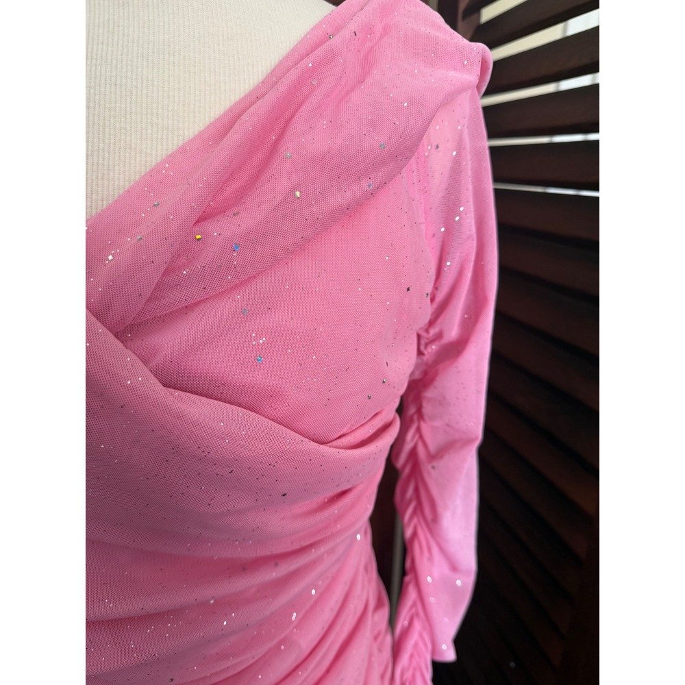 SHEIN Pink Glitter Mesh Ruched Bodycon Mini Dress Long Sleeve Wrap Front XL - Picture 2 of 9